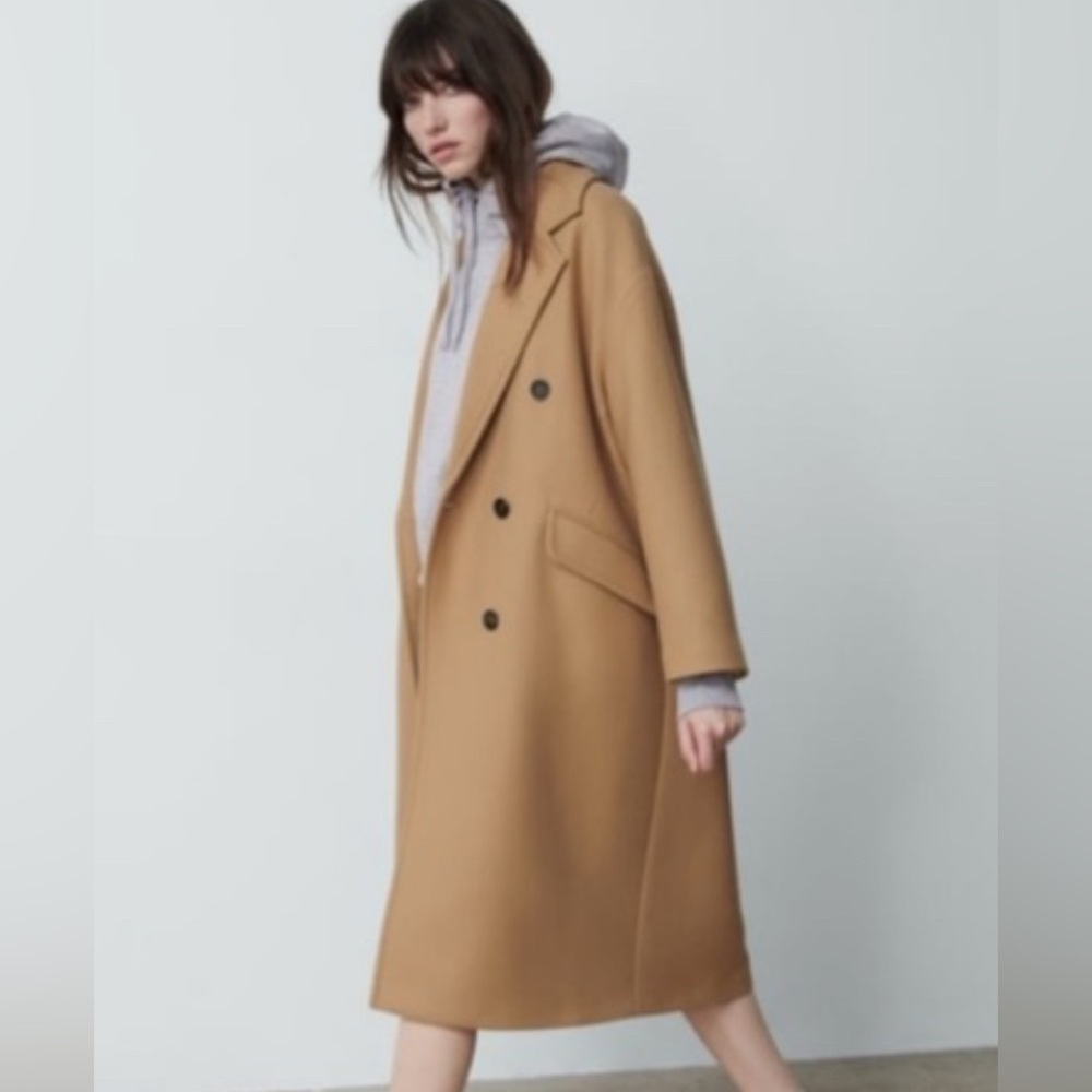 Zara Camel Brown Long Button Double Breasted Oversized Coat Size Small - Picture 6 of 7